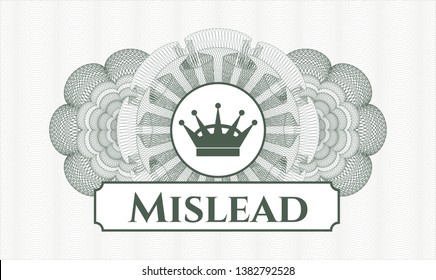 Green passport rosette with queen crown icon and Mislead text inside