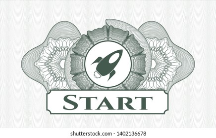 Green passport rosette with rocket icon and Start text inside