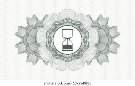 Green passport rosette with sand clock icon inside