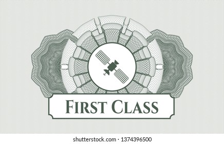 Green passport rosette with satelite icon and First Class text inside