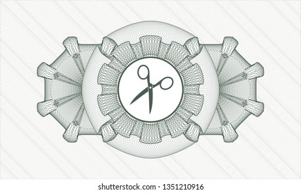 Green passport rosette with scissors icon inside