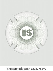Green passport rosette with stack of coins icon inside