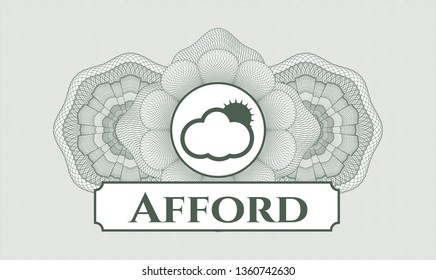 Green passport rosette with sun behind cloud icon and Afford text inside