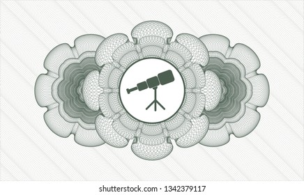 Green passport rosette with telescope icon inside