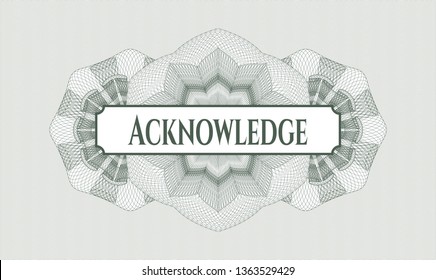 Green passport rosette with text Acknowledge inside