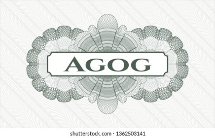 Green passport rosette with text Agog inside