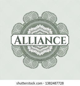 Green passport rosette with text Alliance inside