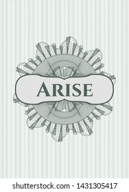 Green passport rosette with text Arise inside