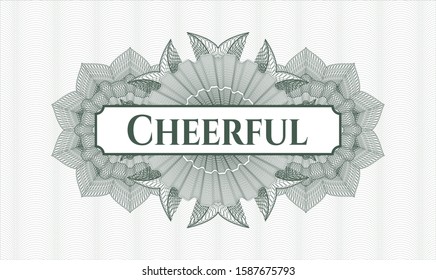 Green passport rosette with text Cheerful inside