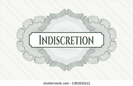 Green passport rosette with text Indiscretion inside