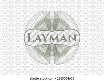 Green passport rosette with text Layman inside