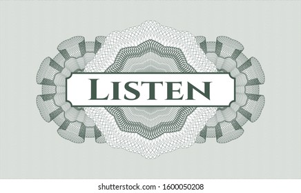 Green passport rosette with text Listen inside