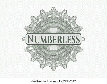 Green passport rosette with text Numberless inside