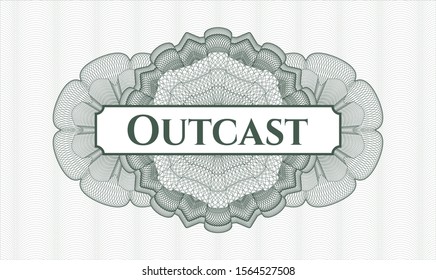Green passport rosette with text Outcast inside