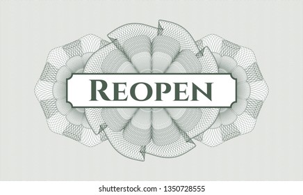Green passport rosette with text Reopen inside