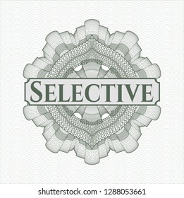 Green passport rosette with text Selective inside