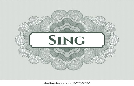 Green passport rosette with text Sing inside