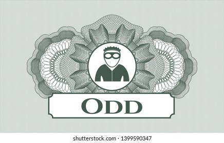 Green passport rosette with thief icon and Odd text inside