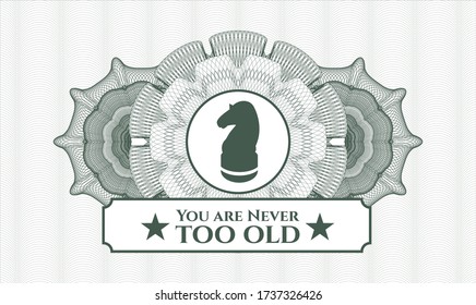Green passport rosette. Vector Illustration. Detailed with chess knight icon and You are Never too old text inside