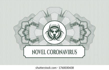 Rosette mit grünem Pass. Vektorgrafik. Detaillierte Angaben mit dem Biogefährdungssymbol covid-19 und dem Text von Novel Coronavirus