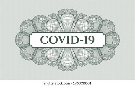 Green passport rosette. Vector Illustration. Detailed with text COVID-19 inside