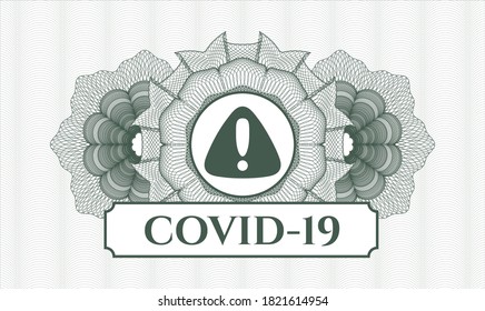 Rosette de pasaportes verdes. Ilustración vectorial. Detallado con icono de advertencia y texto COVID-19 dentro