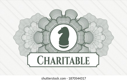 Green passport rosette. Vector Illustration. Detailed with chess knight icon and Charitable text inside