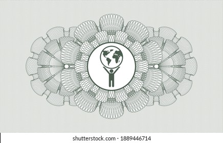 Green passport rosette. Vector Illustration. Detailed with man lifting world icon inside