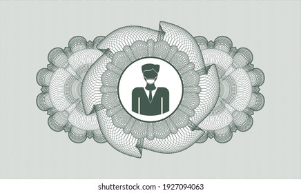 Green passport rosette. Vector Illustration. Detailed with man wearing face mask icon inside