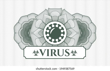 Green passport rosette. Vector Illustration. Detailed with coronavirus icon and Virus text inside