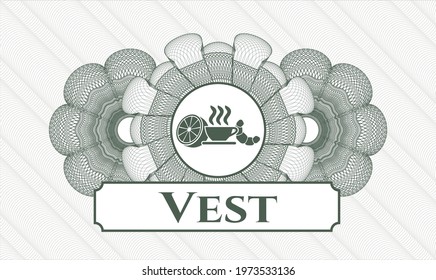 Green passport rosette. Vector Illustration. Detailed with breakfast  icon and Vest text inside