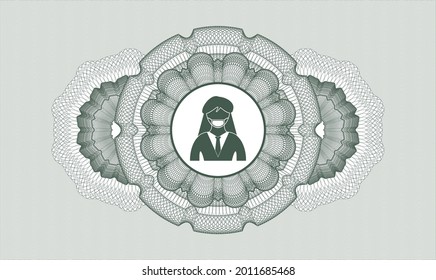 Green passport rosette. Vector Illustration. Detailed with woman wearing face mask icon inside