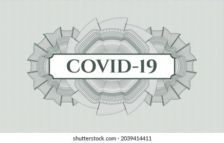 Green passport rosette. Vector Illustration. Detailed with text COVID-19 inside