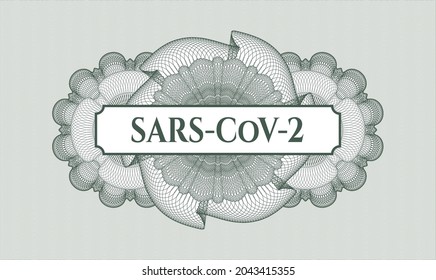 Green passport rosette. Vector Illustration. Detailed with text SARS-CoV-2 inside