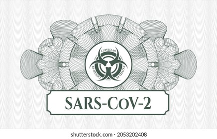 Green passport rosette. Vector Illustration. Detailed with biohazard covid-19 icon and SARS-CoV-2 text inside