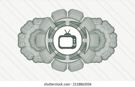 Green passport rosette. Vector Illustration. Detailed with old tv, television icon inside
