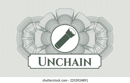 Rosette mit grünem Pass. Vektorgrafik. Detaillierte Angaben mit Leuchtensymbol und Unchain-Text im Inneren