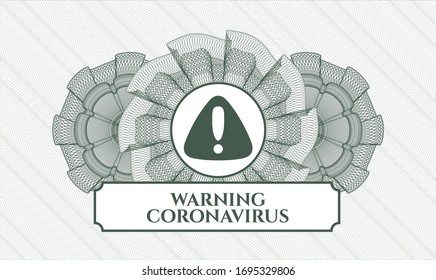 Green passport rosette with warning icon and Warning Coronavirus text inside