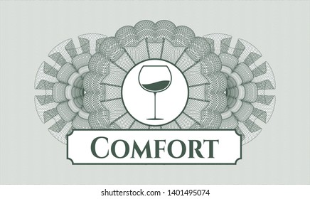 Green passport rosette with wine cup icon and Comfort text inside