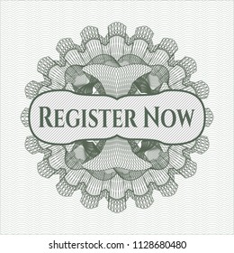 Green passport rossete with text Register Now inside