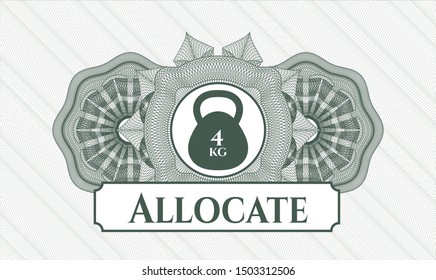 Green passport style rosette with 4kg kettlebell icon and Allocate text inside