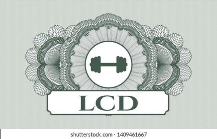 Green passport style rosette with big dumbbell icon and LCD text inside