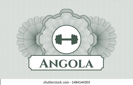 Green passport style rosette with big dumbbell icon and Angola text inside