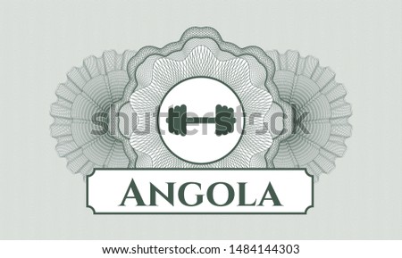 Green passport style rosette with big dumbbell icon and Angola text inside