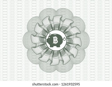 Green passport style rosette with bitcoin piggy bank icon inside