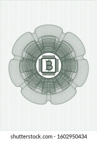 Green passport style rosette with bitcoin chip (cryptocurrency mining concept) icon inside