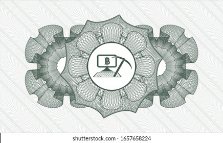 Green passport style rosette with bitcoin mining icon inside