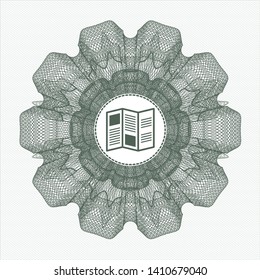 Green passport style rosette with brochure icon inside