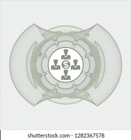 Green passport style rosette with business teamwork and money icon inside