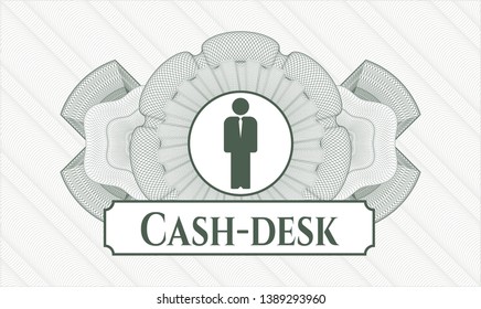 Green passport style rosette with businessman icon and Cash-desk text inside